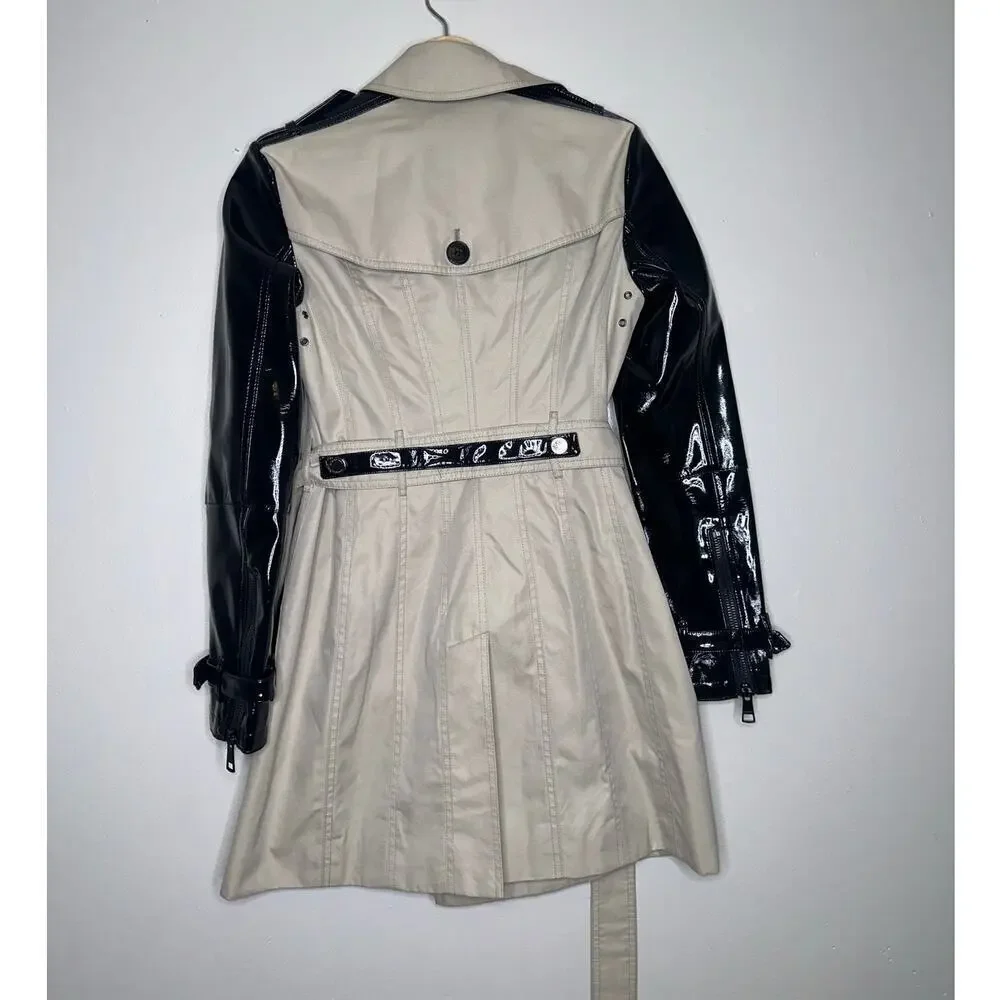 Burberry Patent Leather Sleeve Gabardine Trench Coat Black Tan US 4 - Picture 8 of 12